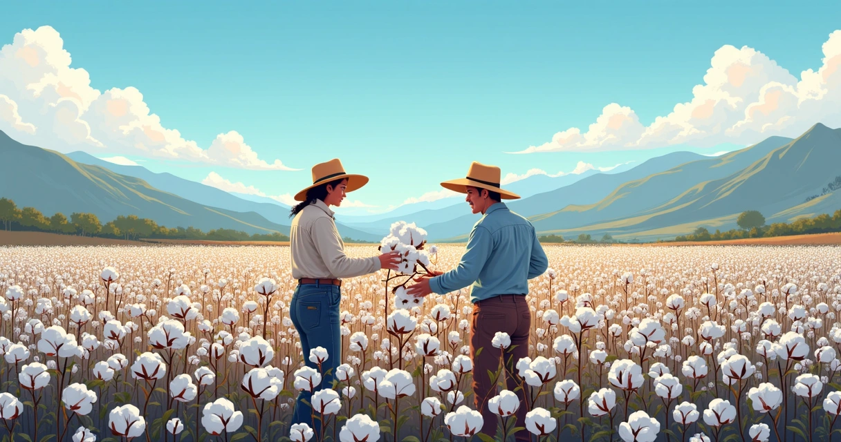 Cultivo manual de algodão pima no Peru, com trabalhadores colhendo algodão em plantação verde