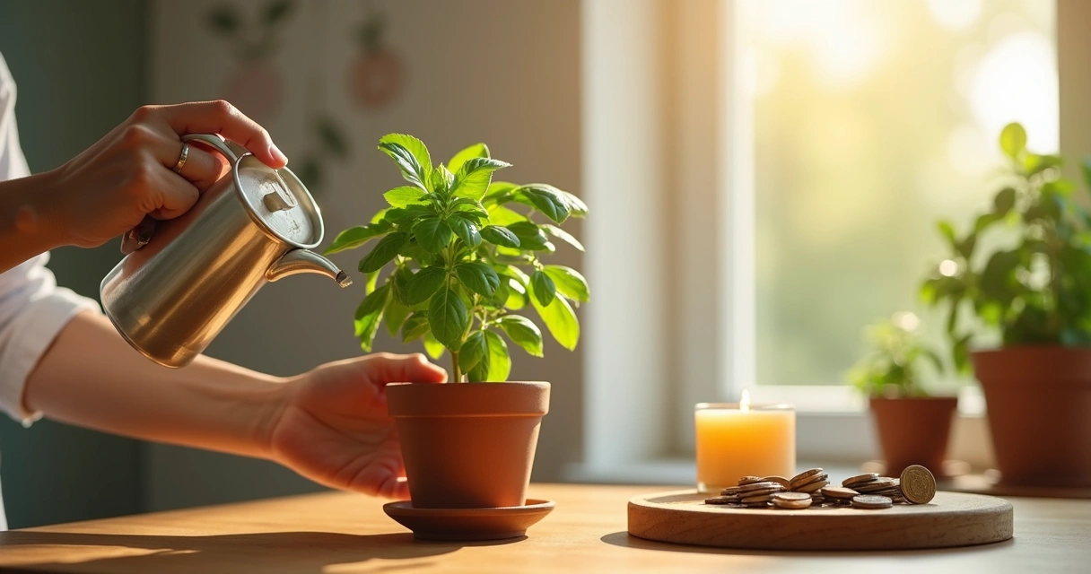 Pessoa cuidando de planta verde no altar de prosperidade em casa 