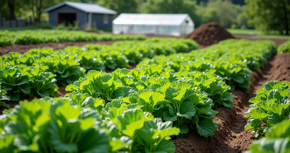 Plantação com diferentes variedades de vegetais em canteiros alternados 