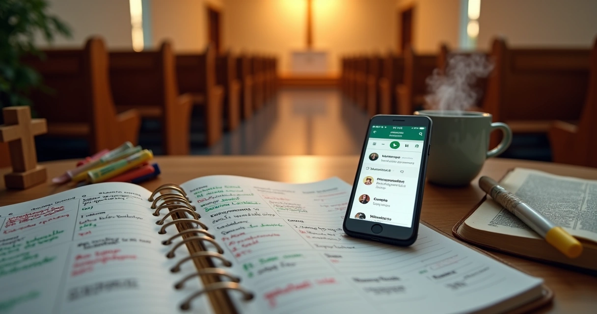 Pastor planeja campanha religiosa com calendário e WhatsApp no celular 
