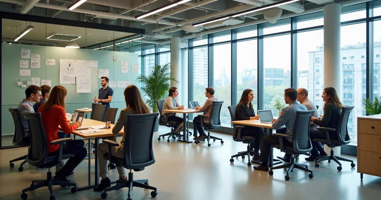 Ambiente de trabalho com profissionais colaborando de maneira transparente 