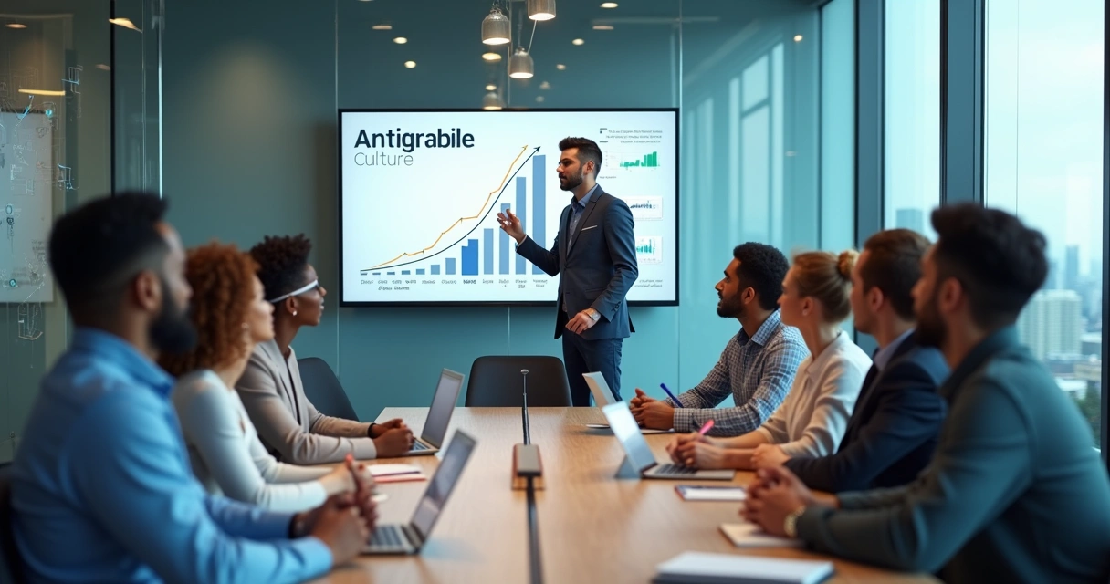 Líder apresentando cultura antifrágil para equipe em escritório moderno 