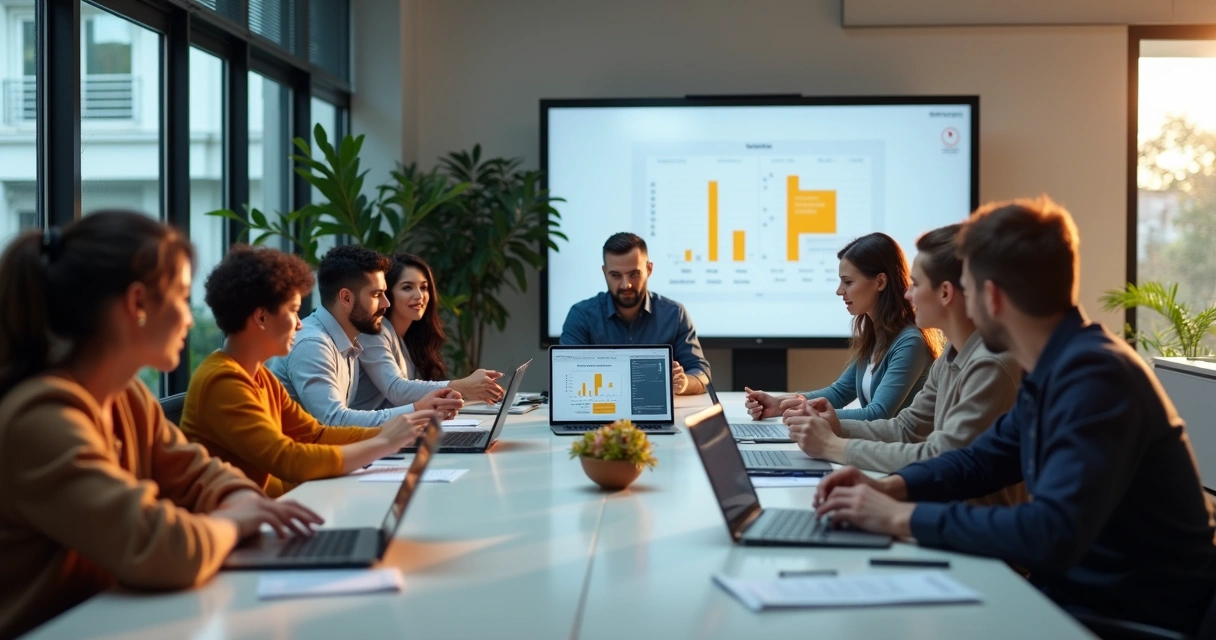 Equipe de diferentes idades em espaço colaborativo discutindo ideias com notebooks 