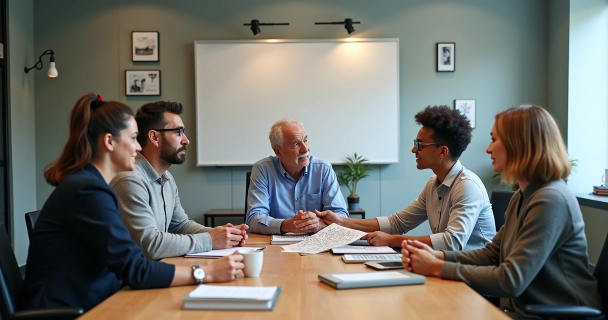 Colaboradores em reunião no escritório, cada um representando um arquétipo tradicional corporativo
