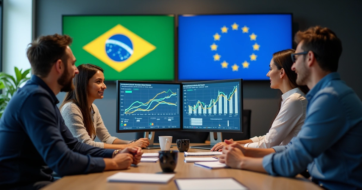 Equipe de marketing analisando gráficos em monitores, com bandeiras do Brasil e União Europeia ao fundo 