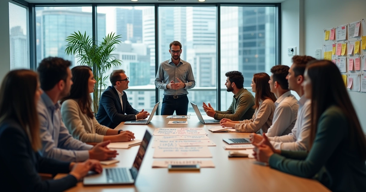 Equipe de empresa reunida, discutindo foco no cliente 