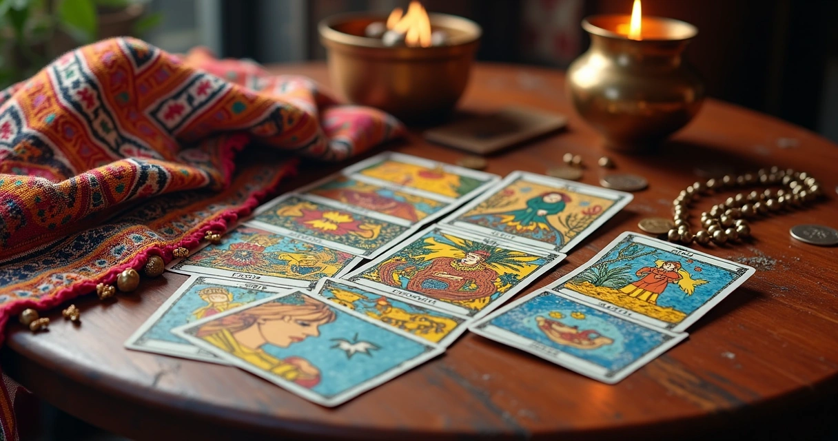 Elementos ciganos junto a cartas de tarot coloridas na mesa 