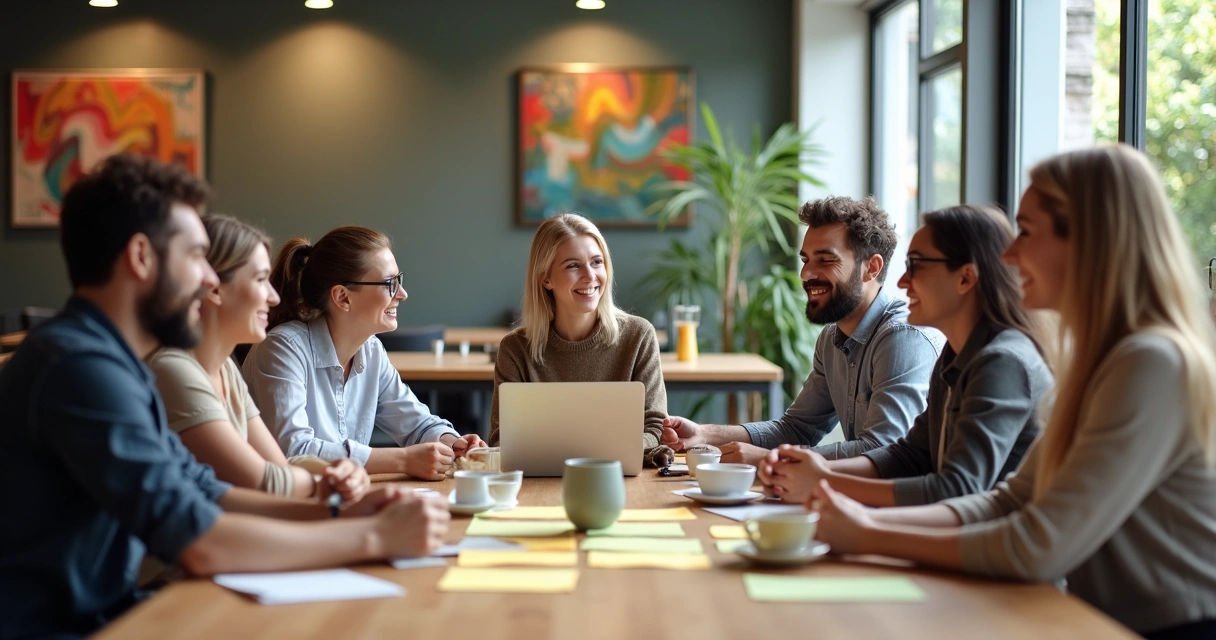 Grupo de pessoas reunidas em círculo, conversando e sorrindo, em ambiente de trabalho moderno 