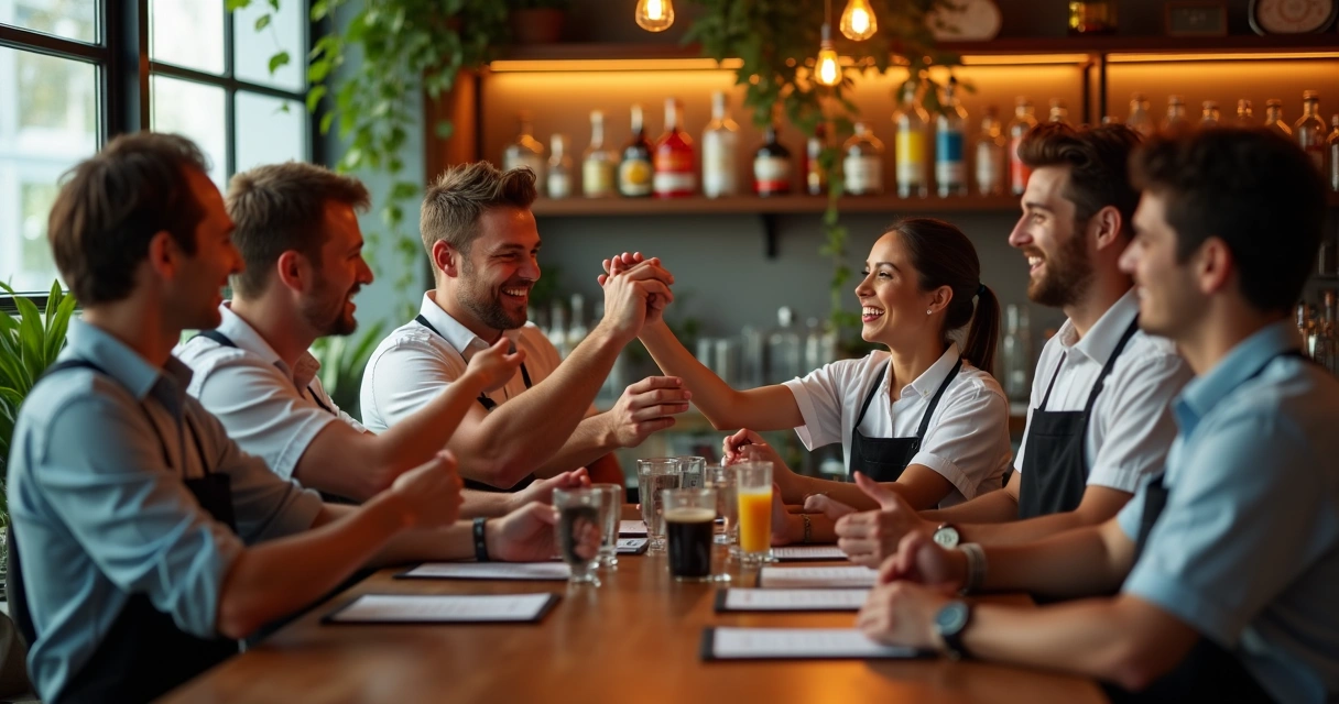 Equipe de bar em momento de confraternização em ambiente colorido 