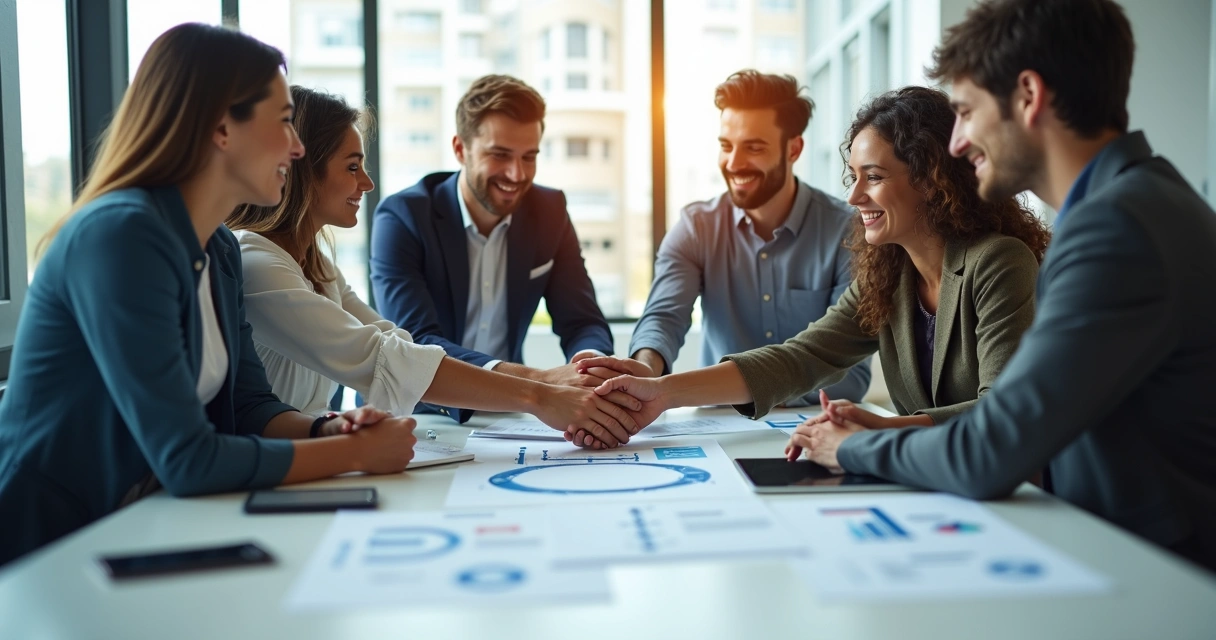 Equipe reunida construindo cultura colaborativa em empresa