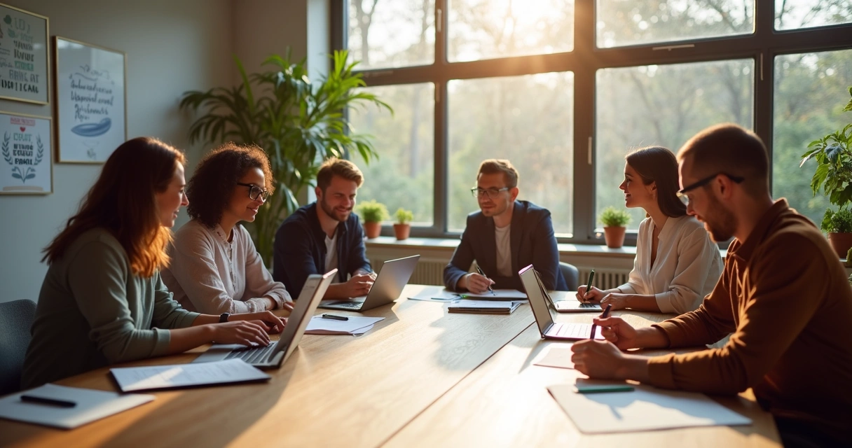 Equipe reunida em torno de uma mesa discutindo projetos