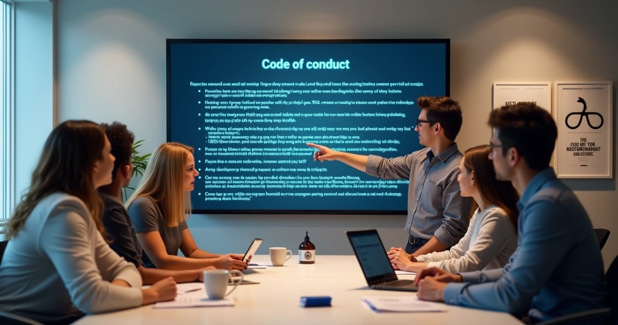Reunião de equipe discutindo código de conduta em ambiente corporativo