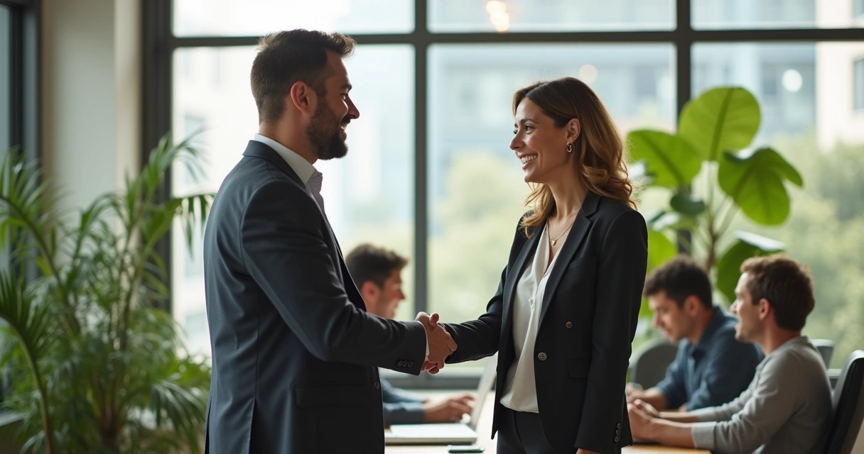 Gestor cumprimentando colaborador em ambiente corporativo acolhedor 