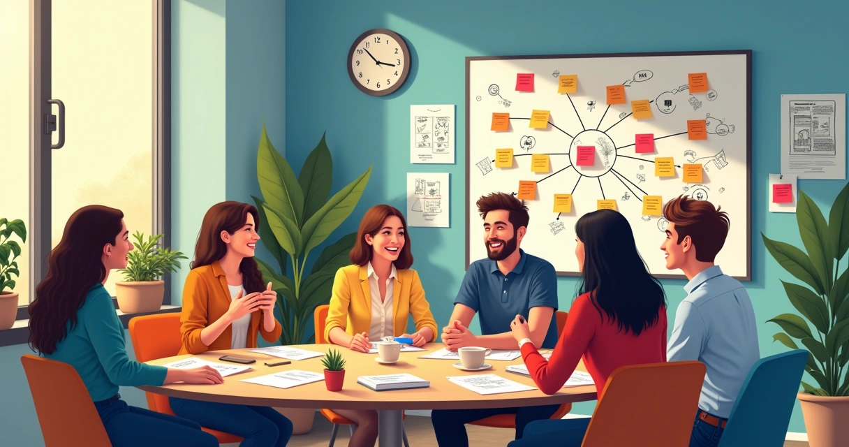 Ilustração de um escritório vibrante com membros da equipe colaborando em uma sessão de brainstorming.