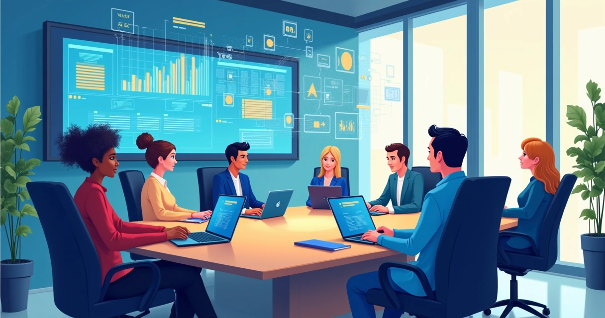 Equipe de tecnologia em sala de reunião com gráficos digitais ao fundo representando dados