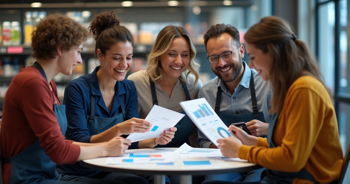 Equipe de loja reunida analisando gráficos simples