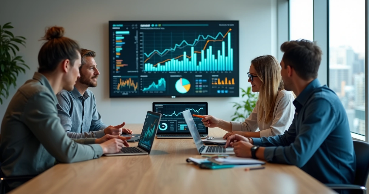 Equipe de pequena empresa analisando dados em telas grandes em sala de reunião moderna 