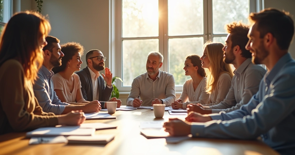 Personas de diferentes edades y estilos sentadas alrededor de una mesa decidiendo juntos. 
