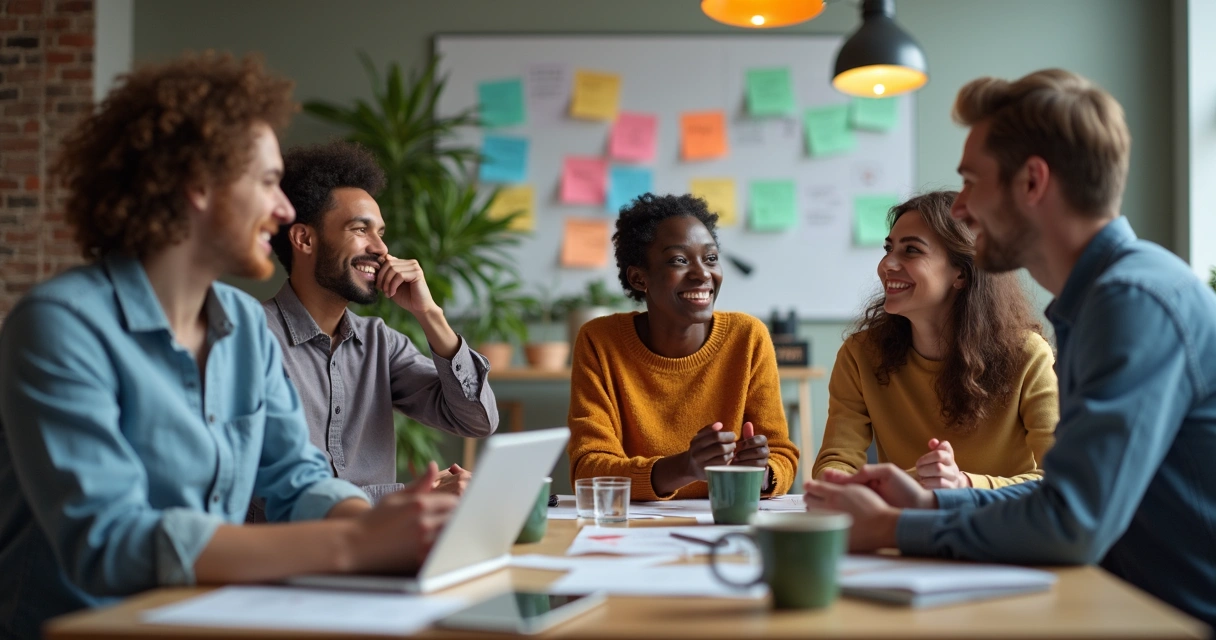 Time diverso trocando ideias em uma reunião informal 