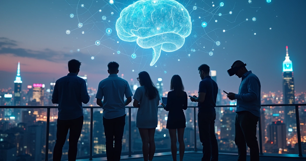 Personas conectadas a dispositivos digitales frente a una ciudad iluminada y un mapa de conexiones sociales 