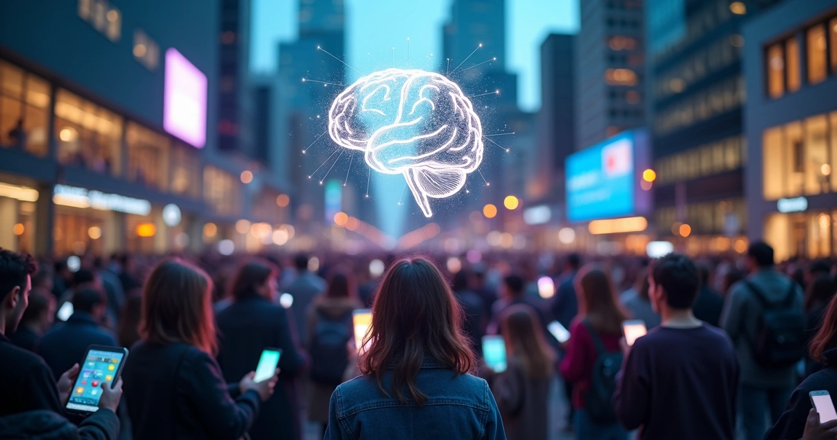Multidão conectada por telas digitais formando um cérebro luminoso no céu 