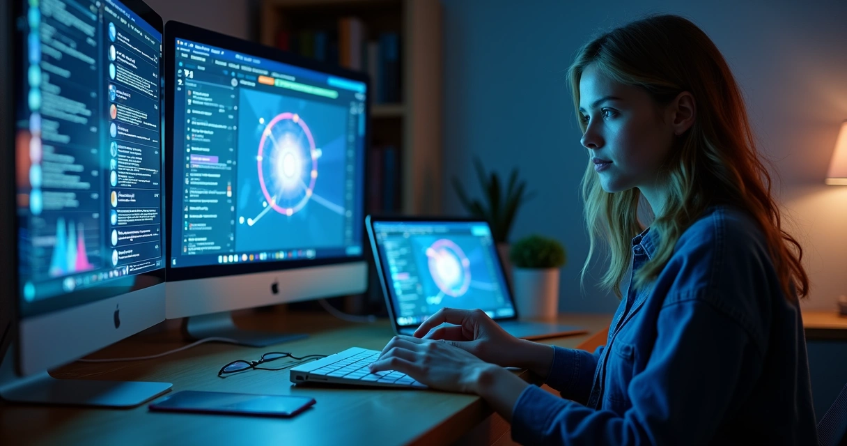 Pessoa em frente a várias telas digitais mantendo expressão calma e centrada 