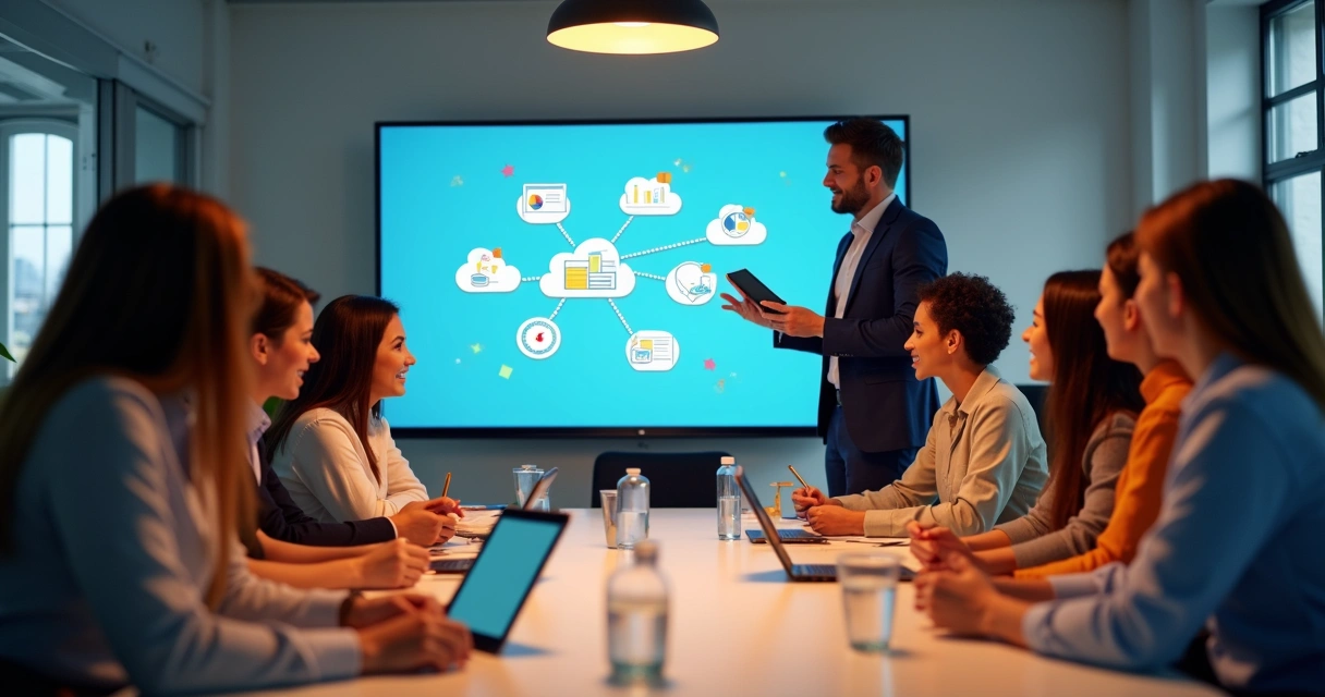 Equipe diversificada participando de treinamento sobre cultura digital e nuvem 