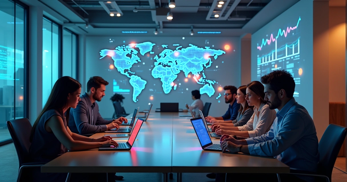 Equipe diversa trabalhando em laptops, com gráficos digitais ao fundo 