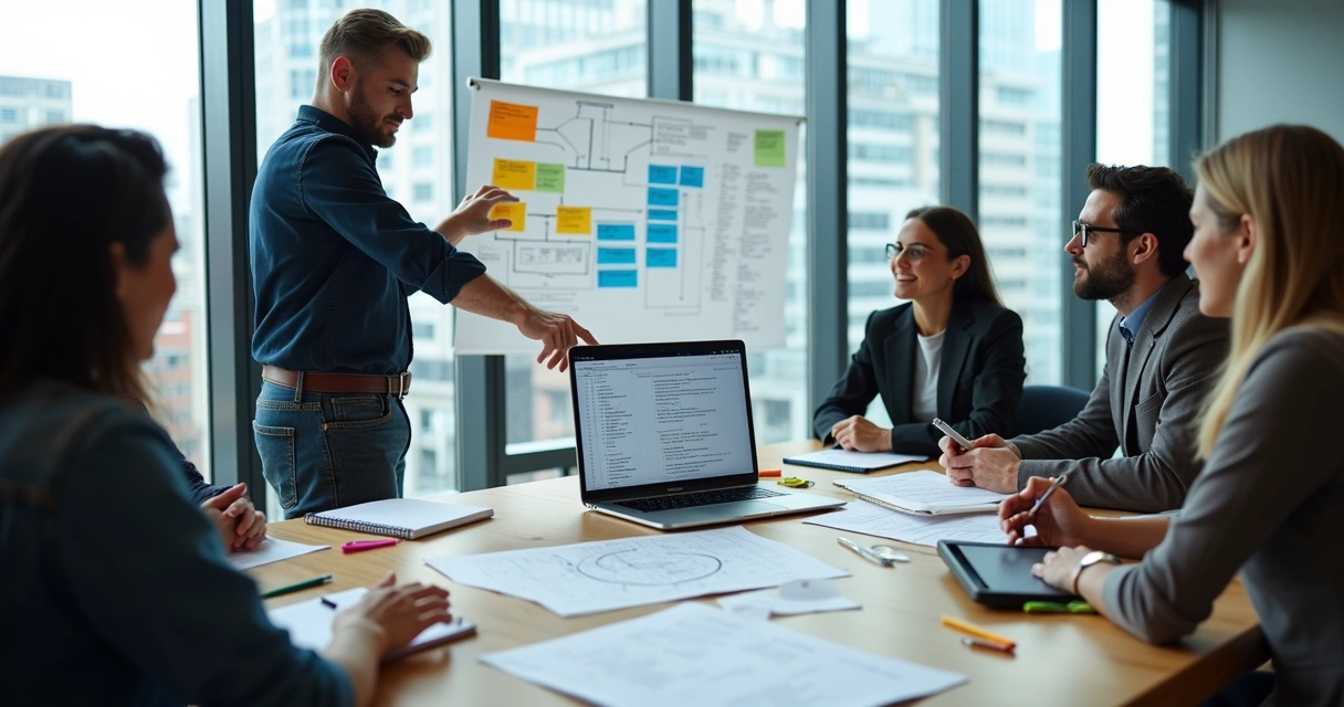 Equipe de tecnologia colaborando em documentação técnica em um escritório moderno 