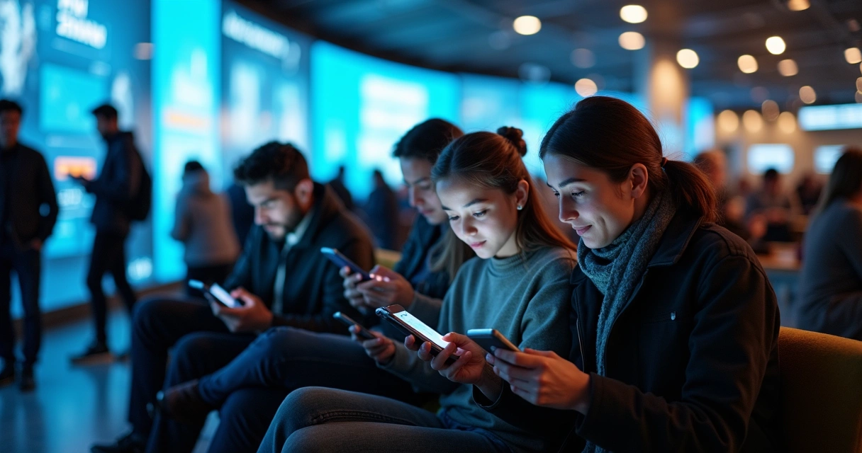 Várias pessoas de diferentes idades usando celulares em espaço público moderno, telões exibem redes sociais 