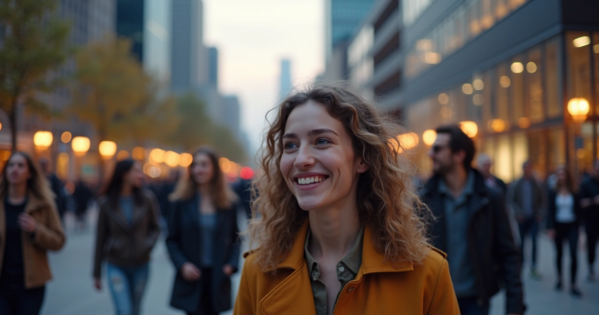 Ciudad moderna con personas conversando y rostros mostrando diferentes emociones 