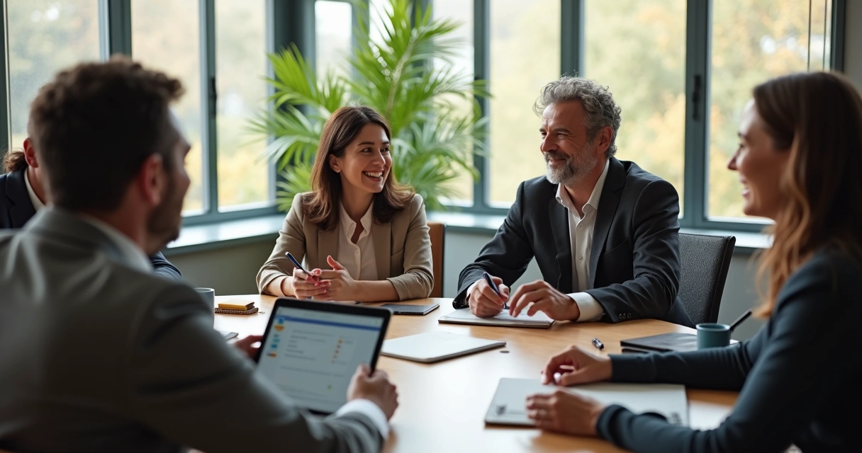 Sala de reunião moderna, pessoas conversando descontraídas e sorrindo
