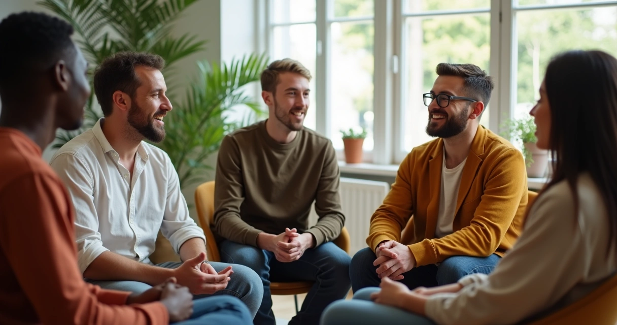 Grupo de pessoas de culturas diferentes conversando sentados em círculo 