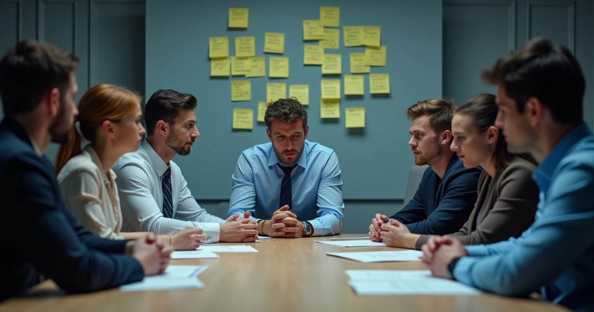 Equipe preocupada, clima tenso na sala de vendas 