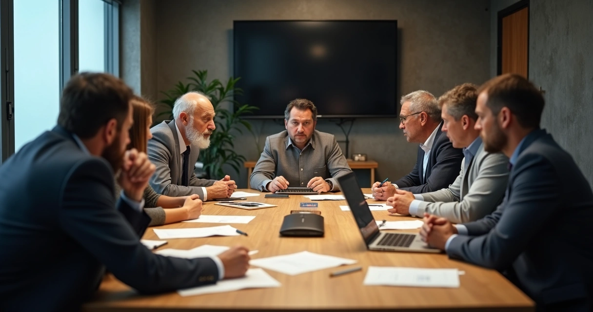 Pessoas de diferentes idades em uma sala de reunião moderna, ao redor de uma mesa, discutindo com expressões sérias e impressionadas, mostrando preocupação com decisões e dilemas éticos na empresa. 