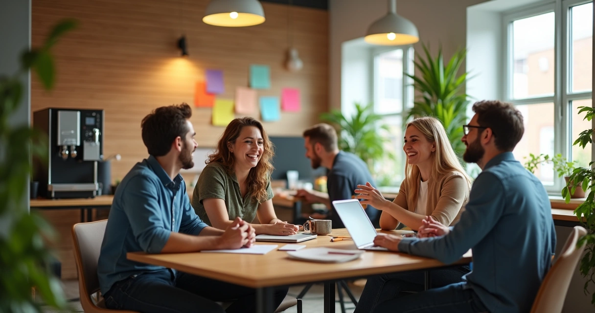 Ambiente de trabalho acolhedor com funcionários em interação positiva 