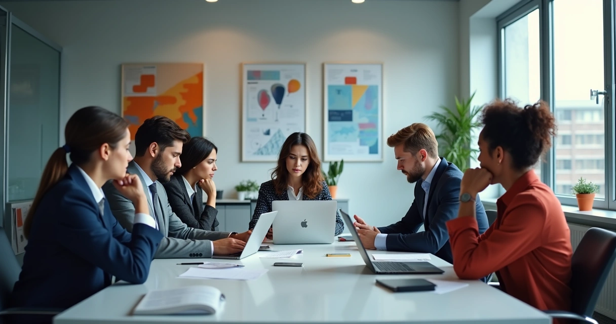 Ambiente corporativo com equipe diversa discutindo resistências culturais para inovação e trabalho flexível 