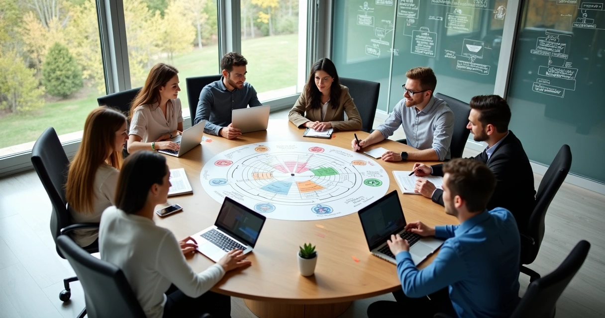 Equipe diversa em reunião colaborativa em escritório moderno visto de cima 