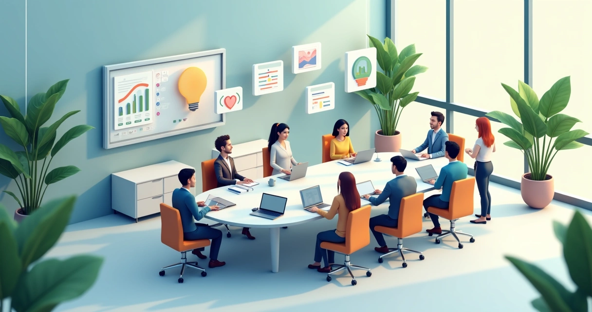 Equipe diversa em escritório moderno colaborando ao redor de mesa com gráficos e ícones de cultura empresarial 