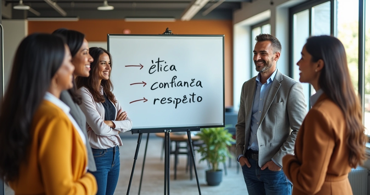 Equipe de empresa reunida, diferentes pessoas sorrindo, quadro branco ao fundo com palavras sobre ética 