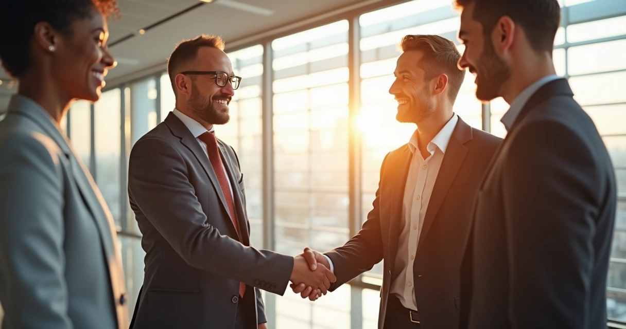 Times corporativos de empresas diferentes se cumprimentando em escritório moderno, simbolizando integração cultural 