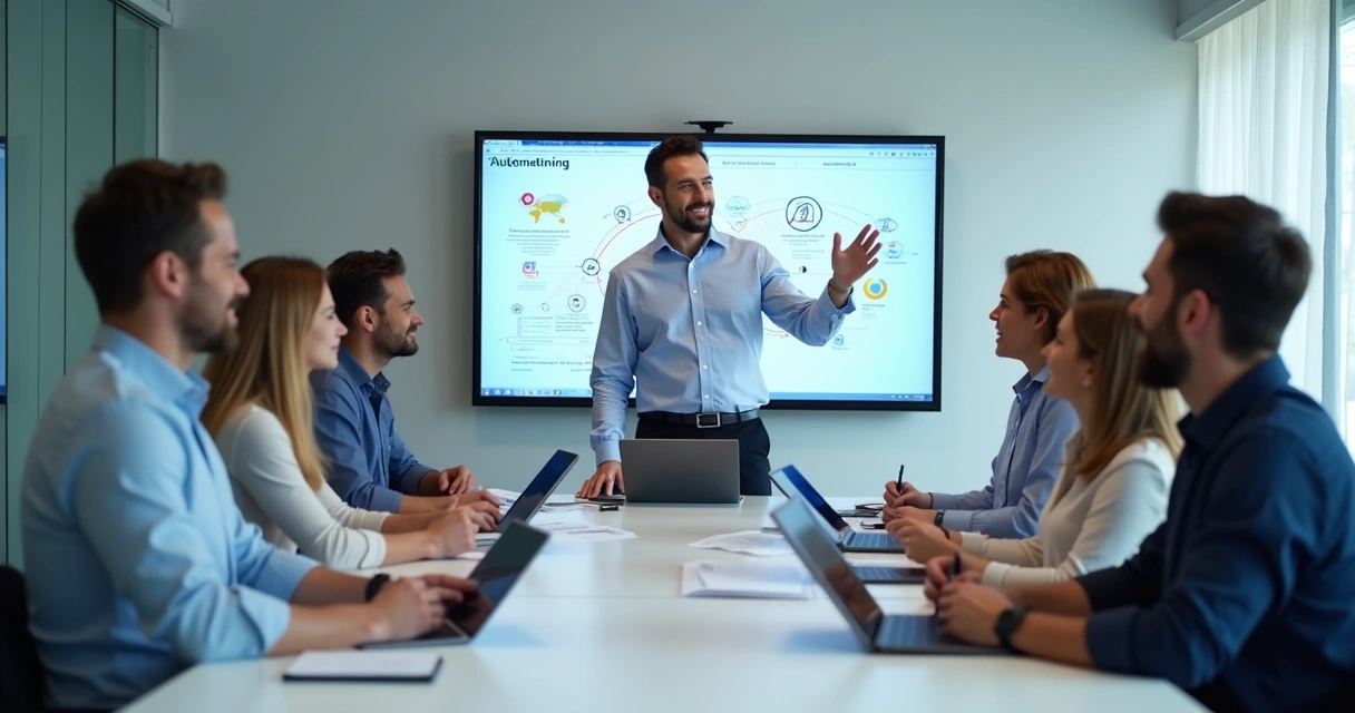 Líder empresarial apresentando inovação com IA para equipe