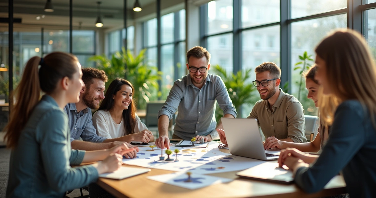 Equipe de funcionários colaborando em projetos sustentáveis em um escritório moderno 