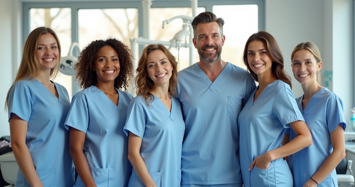 Equipe odontológica reunida em clínica sorrindo 