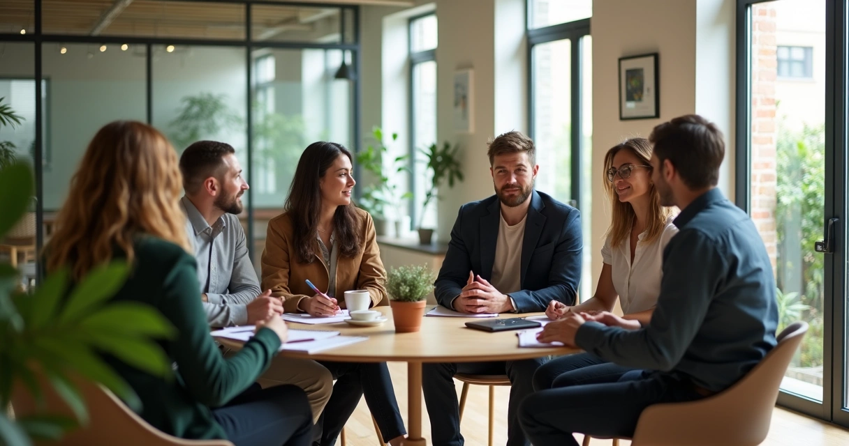 Equipe de startup em conversa aberta sobre cultura e confiança
