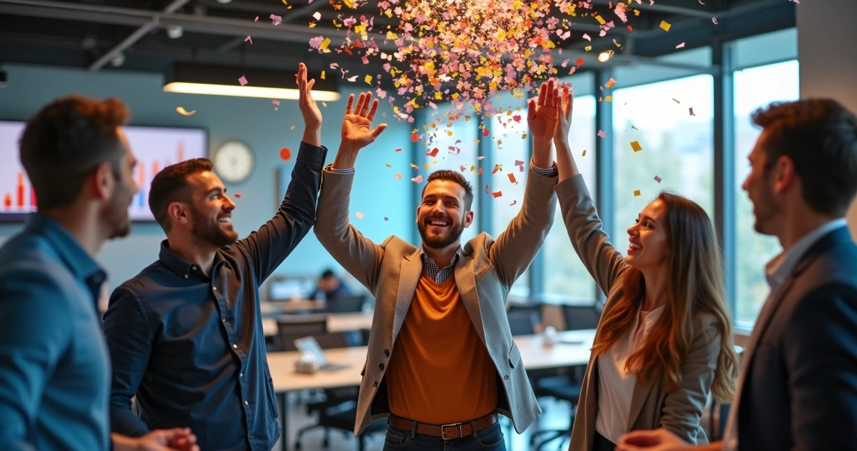 Equipe comemorando resultado de vendas juntos 