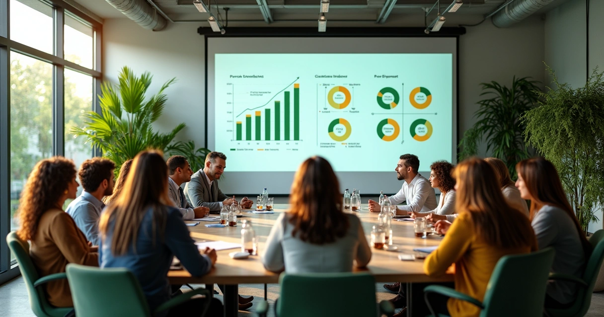 Equipe diversa em sala de reuniões moderna com plantas no ambiente 