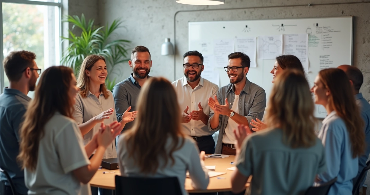 Equipe reunida celebrando conquista e sorrindo