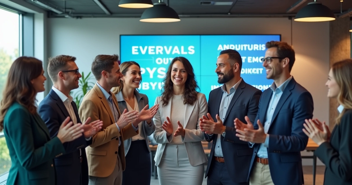 Equipe diversa sorrindo em escritório celebrando conquista ética 