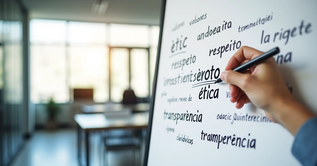 Painel com palavras de valores e uma mão escrevendo ética 